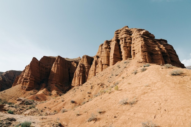 Rock formations on clear day in Konorchek Canyons Kyrgyzstan