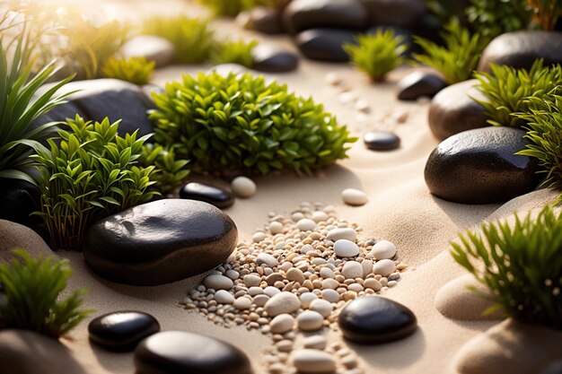 a rock garden with black stones and green plants on it