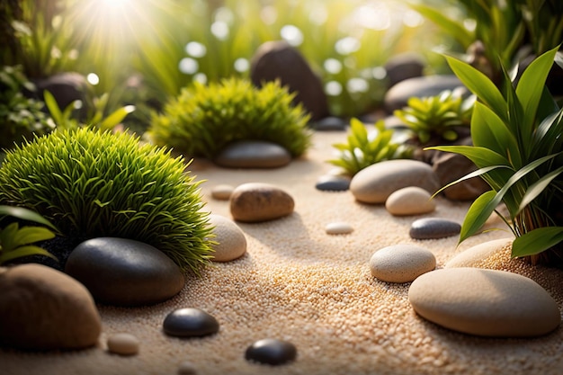 a rock garden with a green plant in the middle