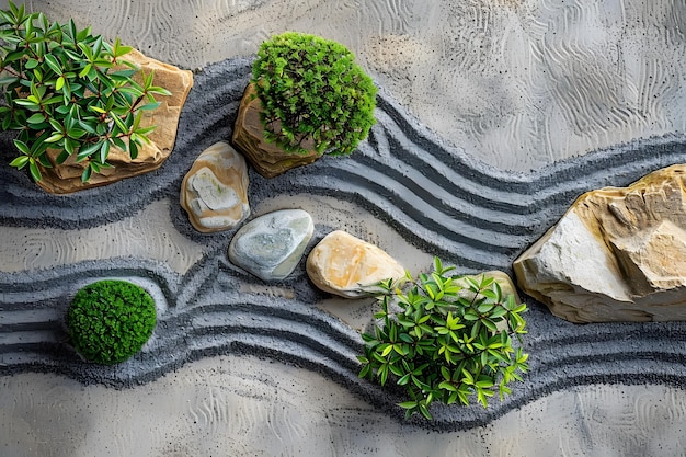 a rock garden with green plants and rocks on the top