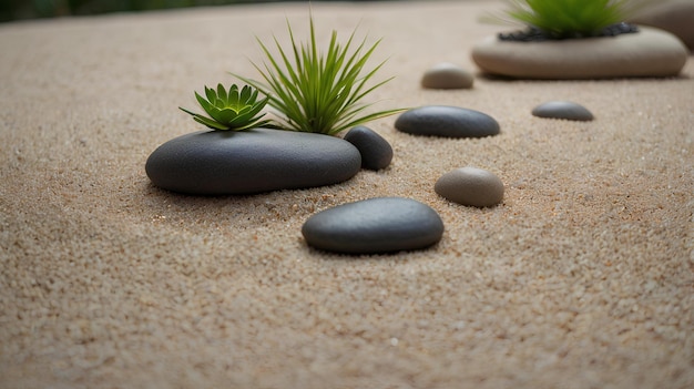 a rock garden with a rock and a small plant on it