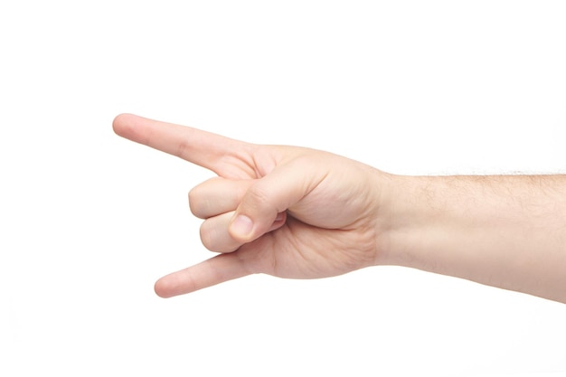 Rock on hand gesture isolated on white background Brutal man's palm showing heavy metal gesture Finger gestures