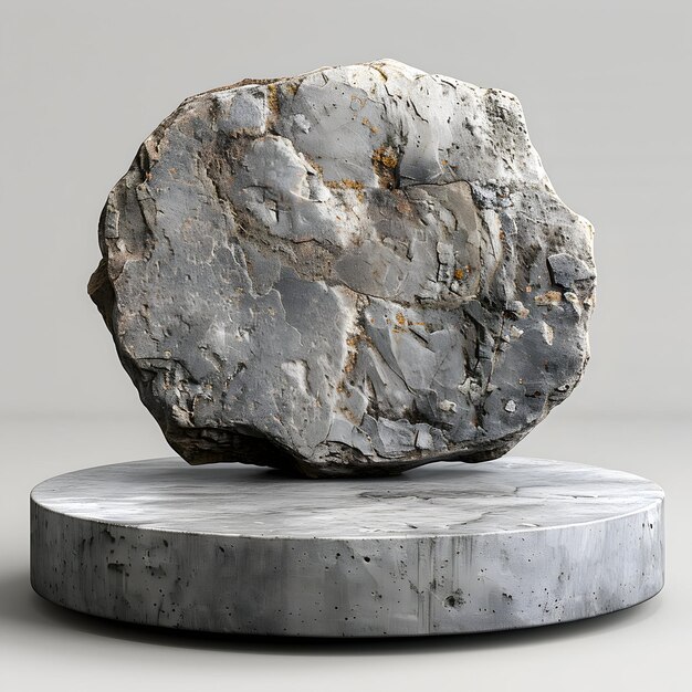 Photo a rock is on a round pedestal with a white surface