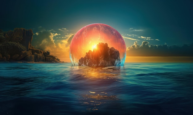 A rock in the ocean with the sun setting behind it