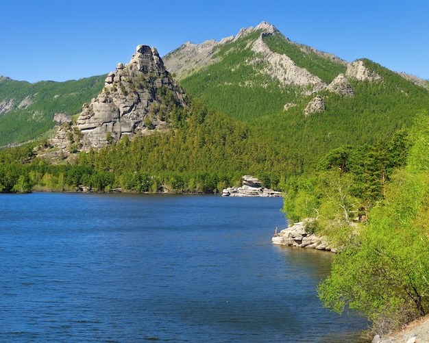 Rock Okzhetpes, Lake Borovoe is located in Burabay National Nature Park in Republic of Kazakhstan.