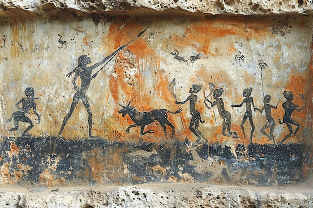 A rock painting depicting early human figures hunting in the african savannah