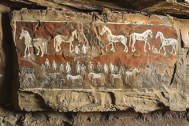 A rock painting of horses and people in the cave there is white line work on red background