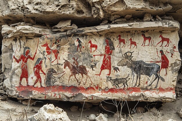 A rock painting in the sahara desert depicting people hunting african animals in red colors