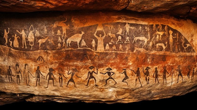 Rock paintings on the wall of a prehistoric cave