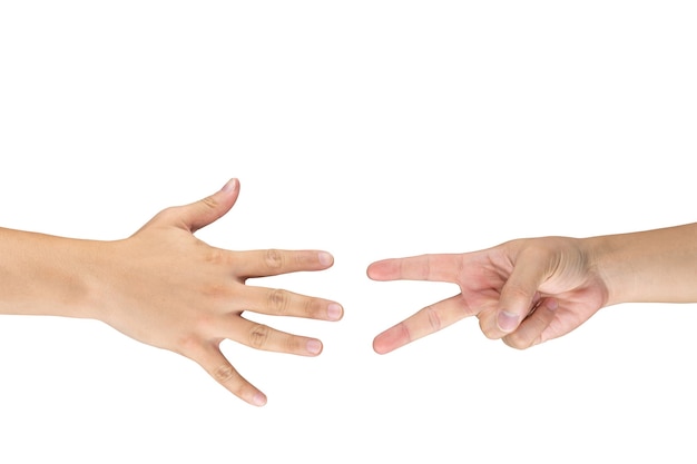 Rock Paper Scissors gambling hand game for all of ages and sex. This is Asian male hands post on white background.