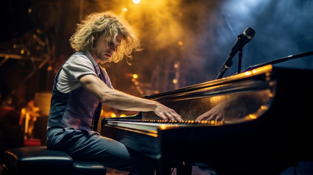 Rock pianist on cluttered stage passionate key pounding intense show