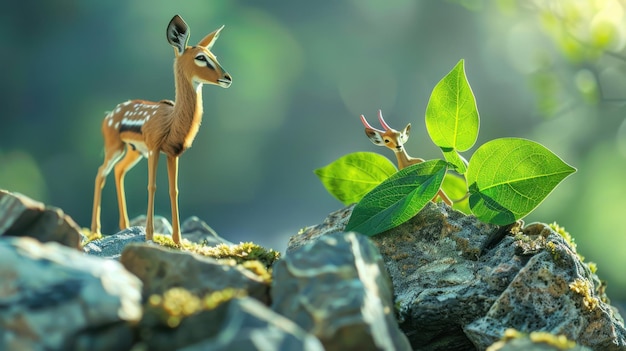 Photo on a rock pile a green leaf is placed and an antelope stands on a different rock