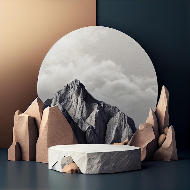 Rock podium or platform for product presentation display with mountain scene Generative AI