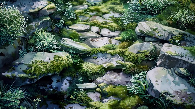 a rock pool with moss and moss on it