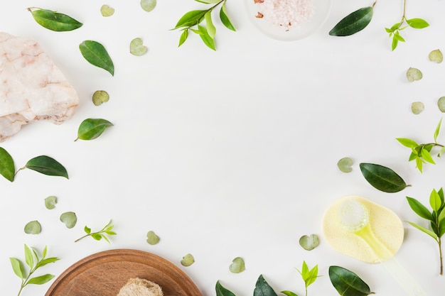 Rock salt; brush; sponge and leaves on white background