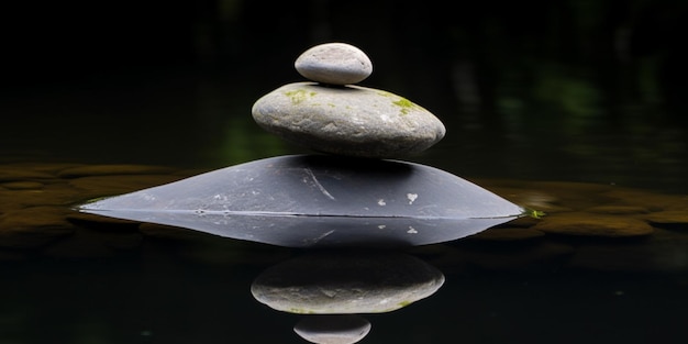 A rock stack is balanced on top of a black surface.