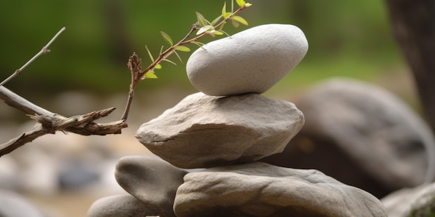 A rock stack with a branch in the background