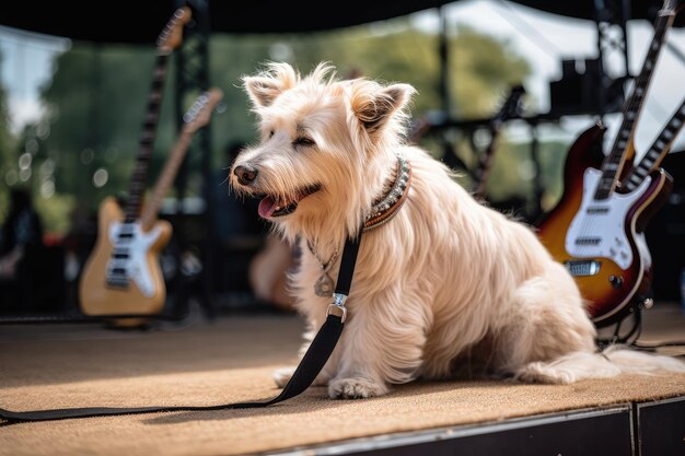 Rock star dog practicing guitar onstage at soldout concert created with generative ai