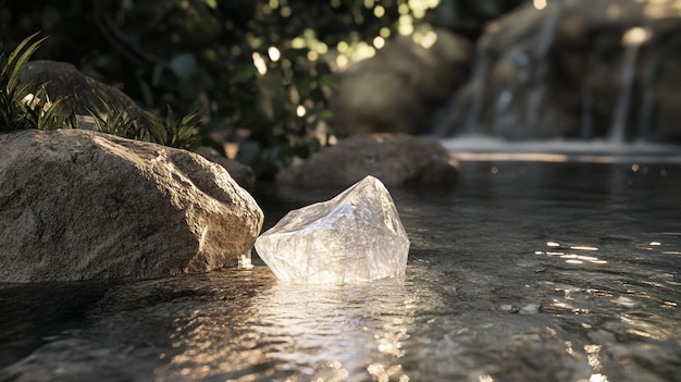 Photo a rock in a stream of water with a large ice cube in the foreground