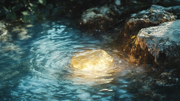 a rock in a stream of water with a light on it