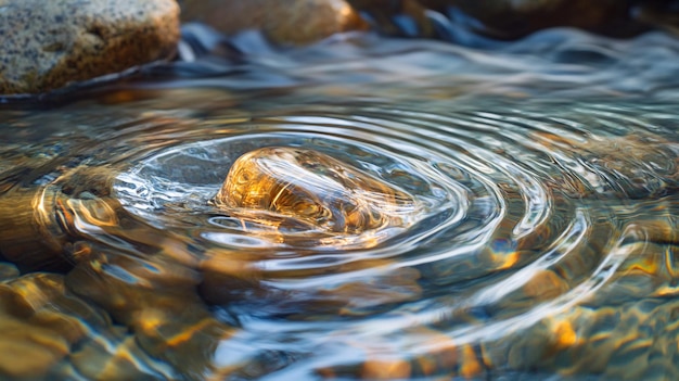 a rock in a stream of water with rocks in the background