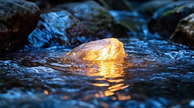 a rock in a stream with a light on it