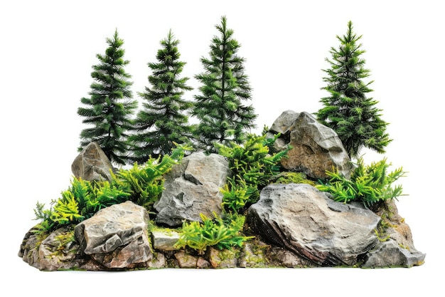 Rock surrounded by trees isolated on white background Decorative shrub for landscaping High quality