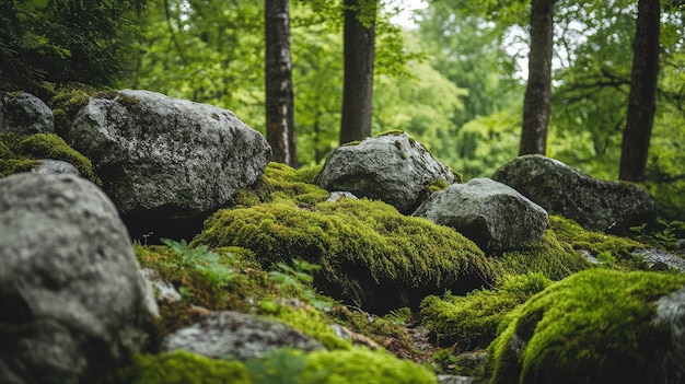 a rock wall with moss on it and a mossy rock in the background