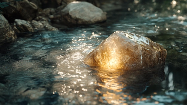 a rock in the water with a light on it