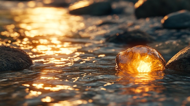 a rock in the water with the sun reflecting on it