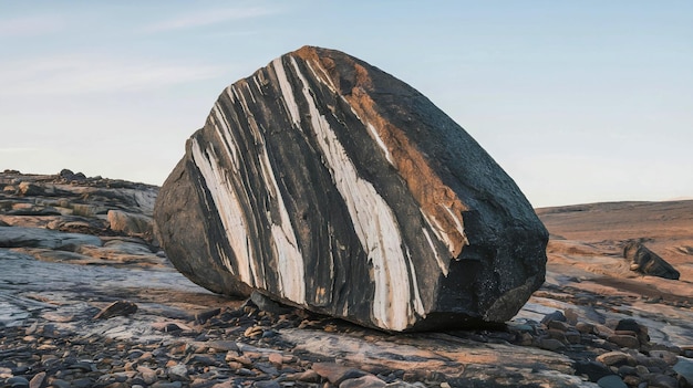 Photo a rock with a brown and white stripe is sitting on a rocky beach