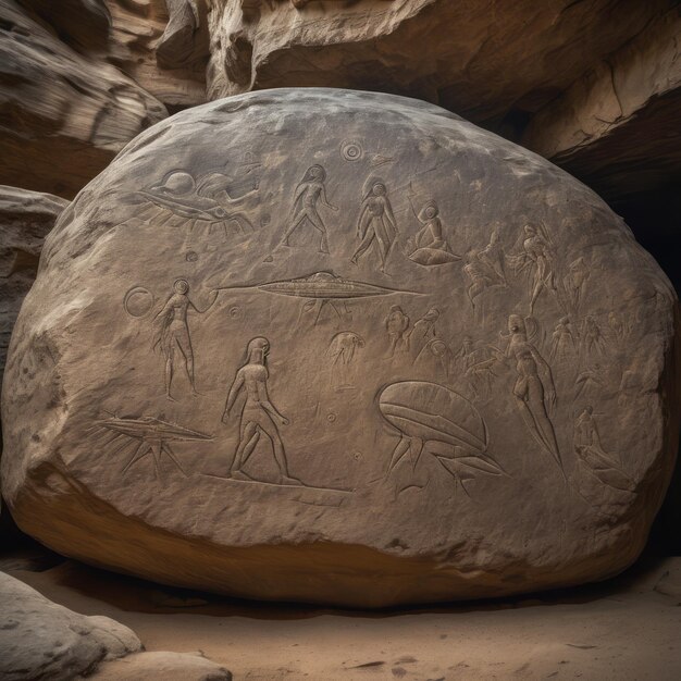 a rock with drawings of people and the words kings on it