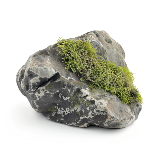 Rock with moss growing on it on a white surface