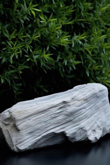 A rock with a plant behind it