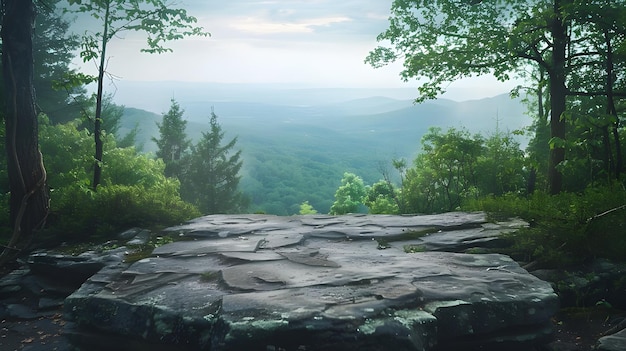 a rock with a rock on it and a mountain in the background