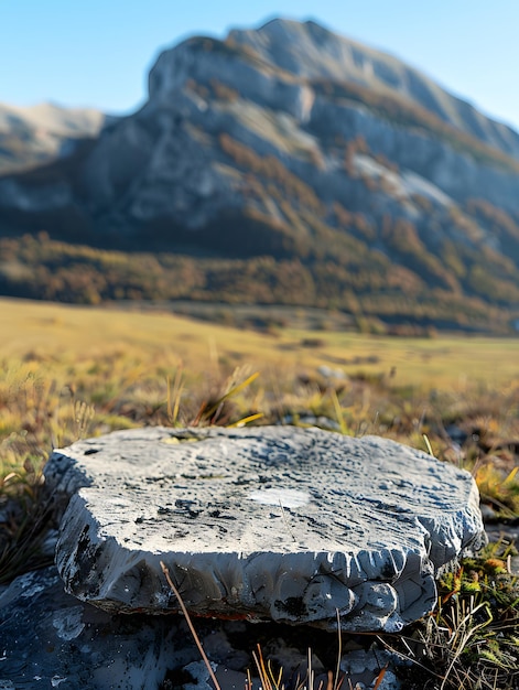 a rock with a white mark on it is in a field with a mountain in the background