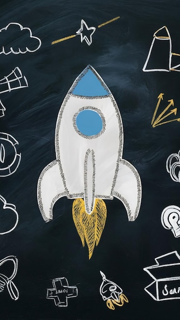 Photo rocket on blackboard background concept of startup education and creativity