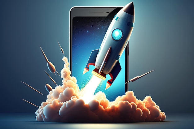 Rocket coming out of cell phone screen startup concept blue background Generative AI