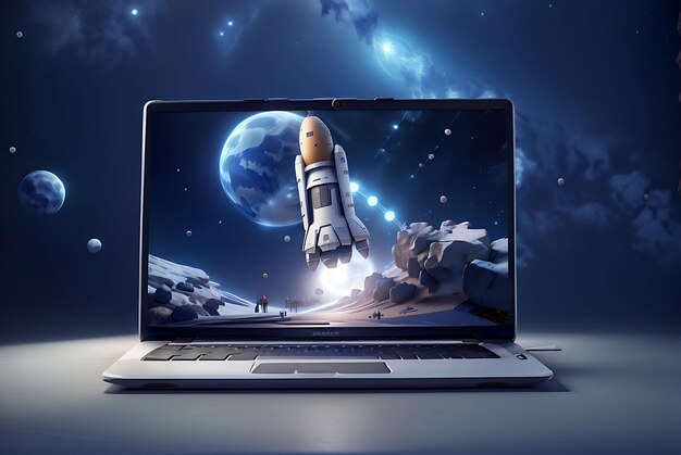 Rocket coming out of laptop computer screen for business startup launch concept on top of office des