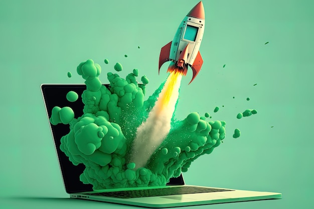 Rocket coming out of laptop screen green background AI digital illustration concept of ideas and start up Generative AI