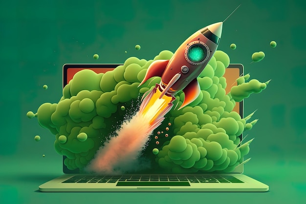 Rocket coming out of laptop screen green background AI digital illustration concept of ideas and start up Generative AI