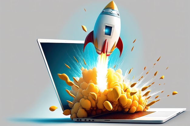 Rocket coming out of laptop screen white background AI digital illustration concept of ideas and start up Generative AI