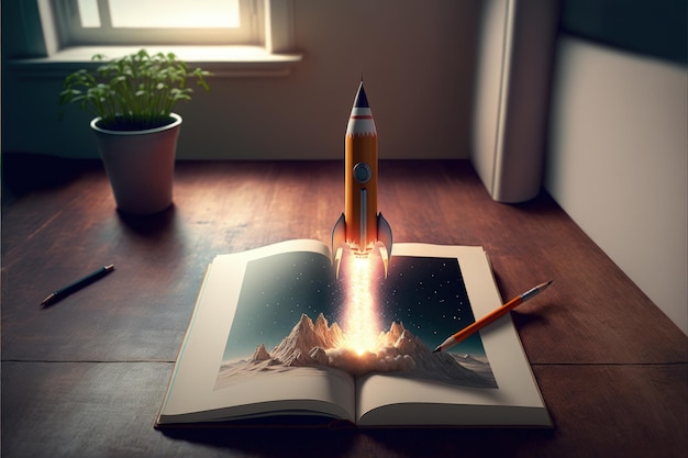 Rocket coming out of notebook on top of wooden table startup creation concept AI