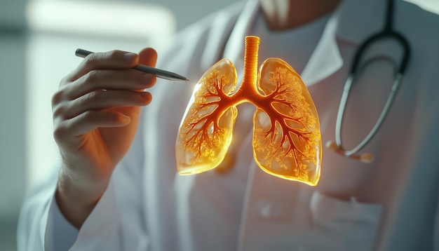 Photo a rocket doctor holding a human lungs model and pointing to it with a pen closeup on a white back