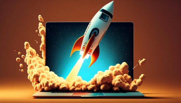 Rocket erupting from a laptop screen blue backdrop Generative AI