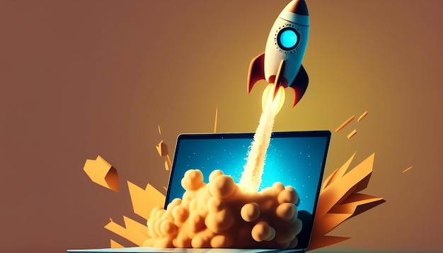 Rocket erupting from a laptop screen blue backdrop Generative AI