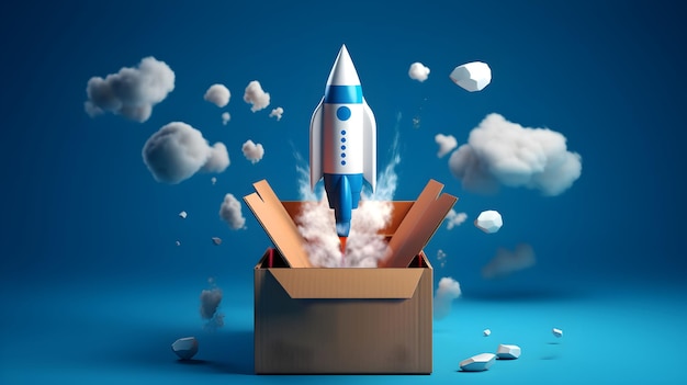 Rocket flying from cardboard box on blue background with copy space startup concept