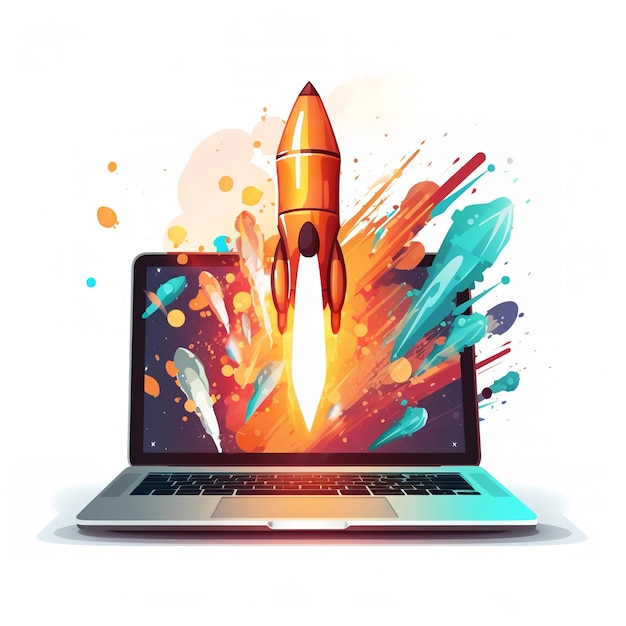 a rocket flying in front of a laptop with the words rocket on the screen