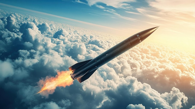 Photo a rocket flying in the sky above the clouds