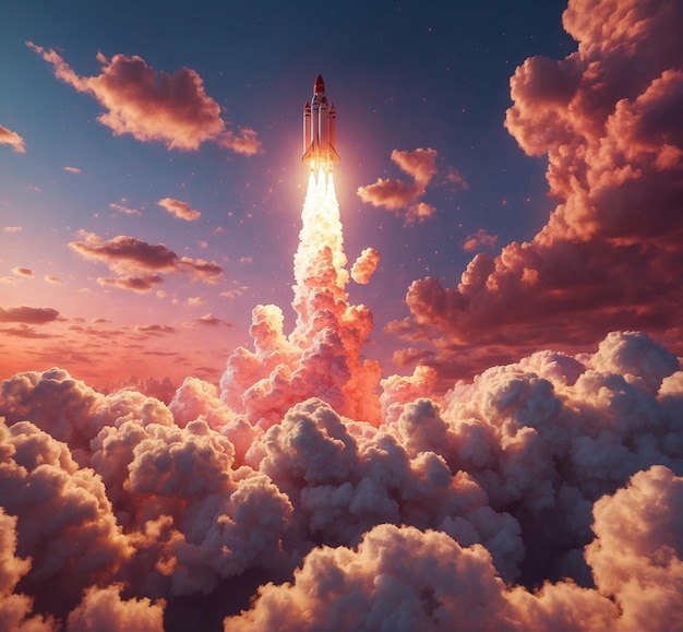 a rocket flying in the sky with clouds in the background